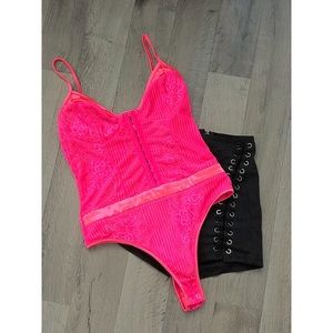 Missguided Neon Pink Lace Bodysuit